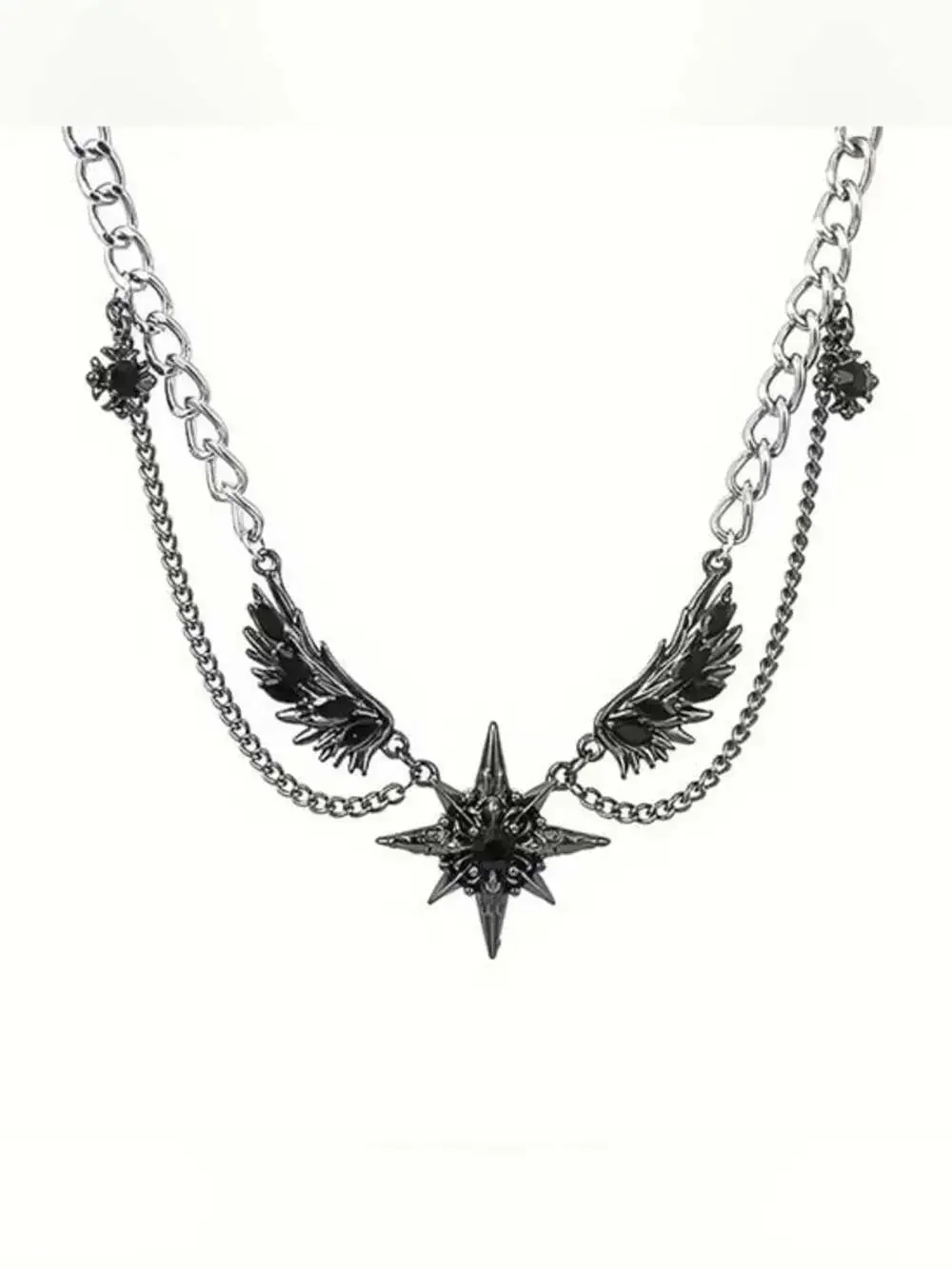 Unisex Black Stainless Steel Star & Wing Chain Necklace